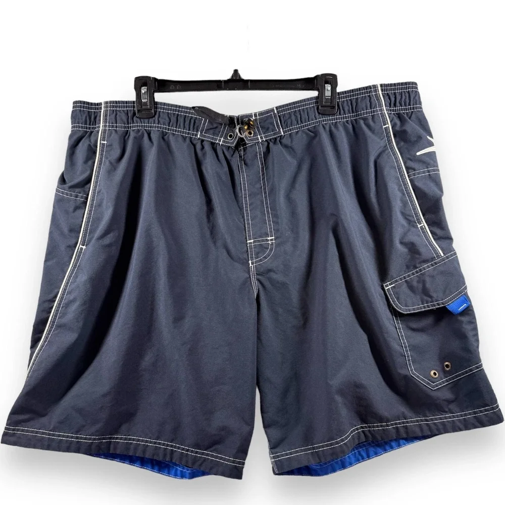 Speedo Mens Navy Blue Swim Trunks Board Shorts Size XL 40 Waist Drawstring Lined